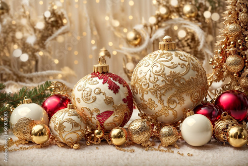 Christmas balls. A design featuring vintage-inspired ornaments. Merry Christmas and Happy New Year. Generative AI