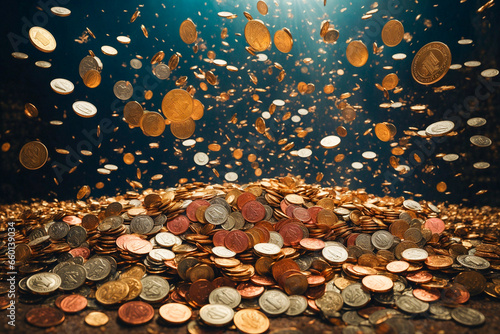 Many golden coins falling down and forming a mountain of coins. Coins flying downward. Money rain. Generative AI
