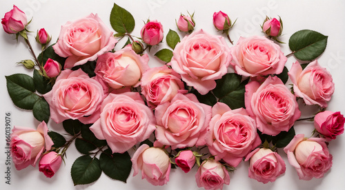 Collection of beautiful pink roses  flowers  buds and leaf  top view. Generative AI