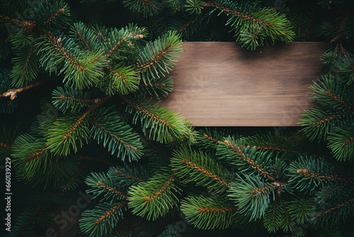 Top view of a blank greeting card lying on a rustic wooden surface surrounded by fir branches.