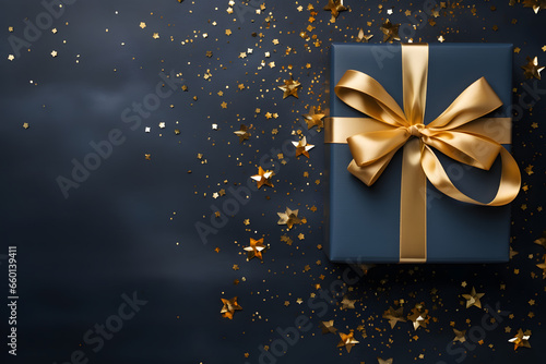 Christmas present tied with gold ribbon on blue background