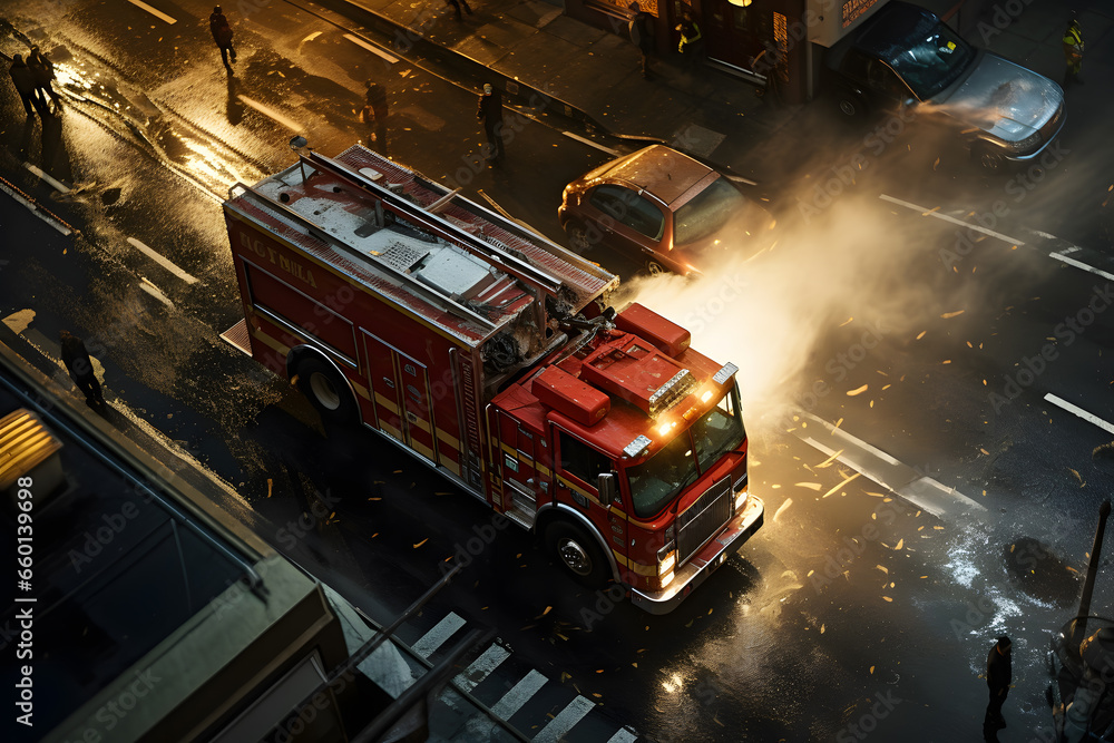 High angle view of an emergency firetruck parked on street