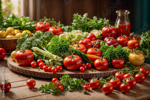 vibrant, fresh vegetables artfully arranged on a wooden table. The colorful produce includes an assortment of crisp greens, ripe red tomatoes. Healthy eating concept. Generative AI