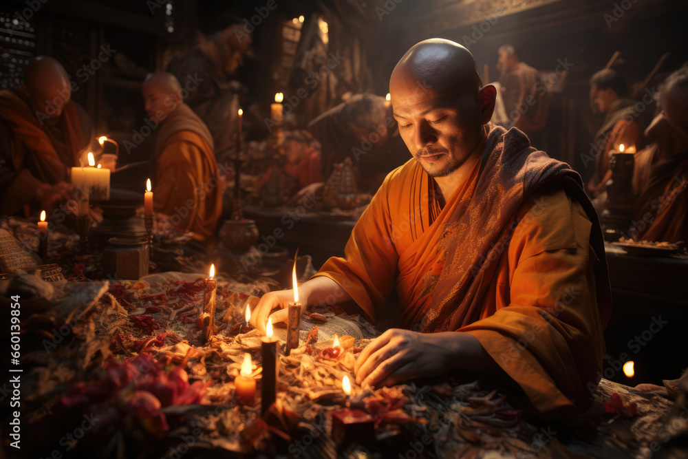 A group of Buddhists lighting candles and chanting sutras to commemorate the Buddha's enlightenment. Generative Ai.