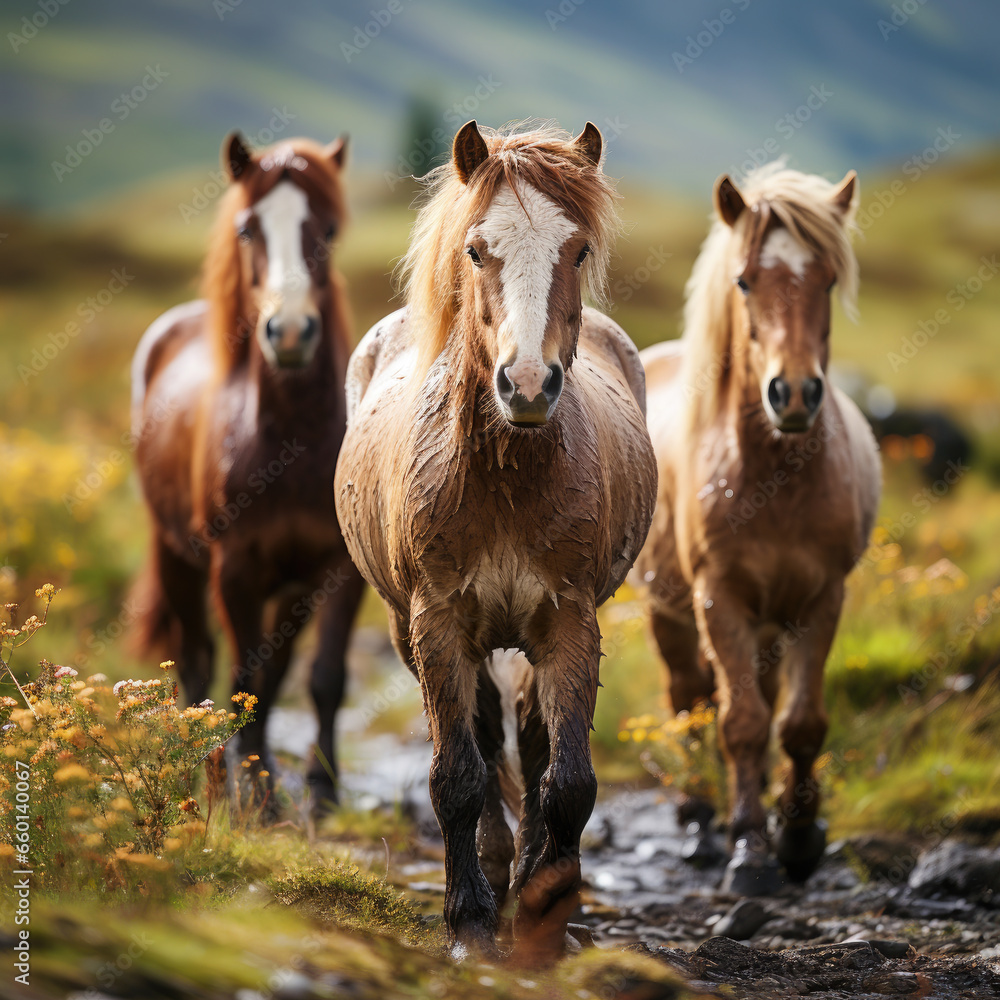 shaggy stocky Icelandic horses stand against a background of grassy hills and plains, animals, mane, pony, breed, north, Iceland, landscape, gait, wildlife, equine, bangs, sky, river shaggy stocky Icelandic horses stand against a background of grassy hills and plains, animals, mane, pony, breed, north, Iceland, landscape, gait, wildlife, equine, bangs, sky, river