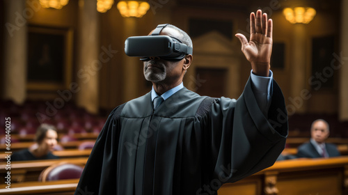 Judge wearing virtual reality headset are decide the case.