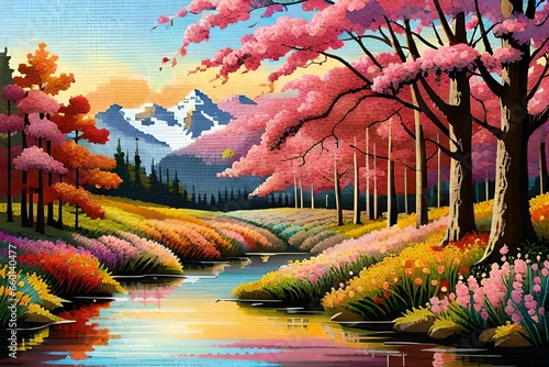 Colorful painting of forest landscape photo