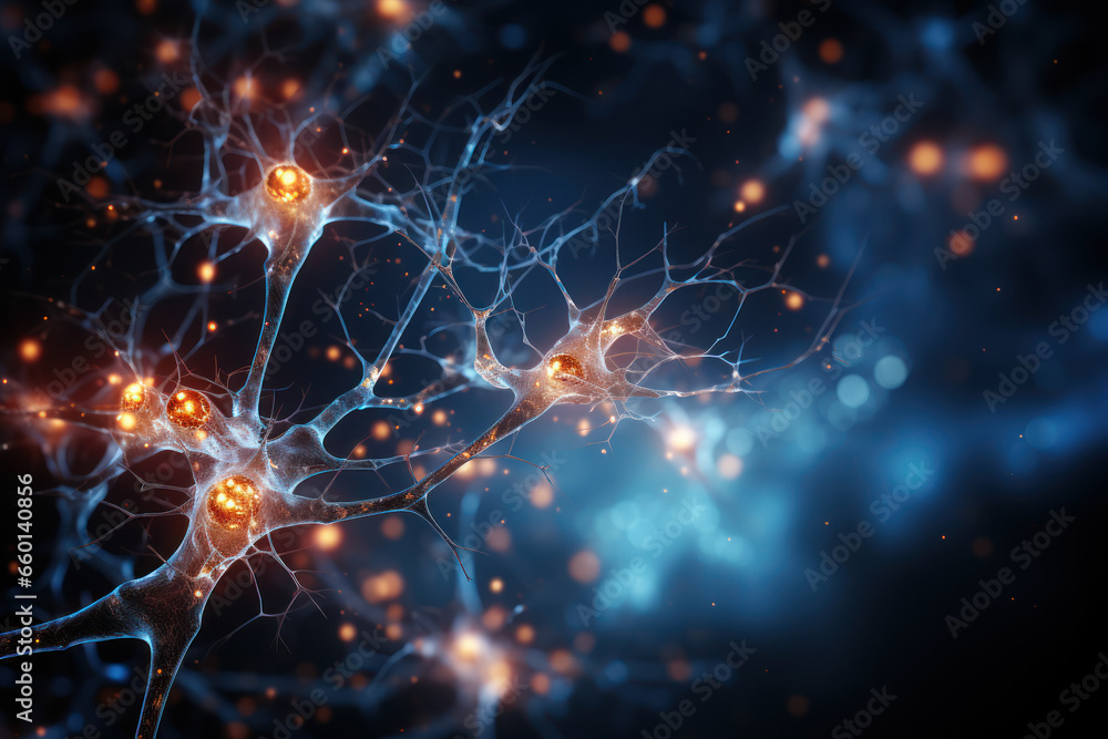 A close-up of a neuron firing in the brain, symbolizing the intricacies of the nervous system. Concept of neurobiology. Generative Ai.