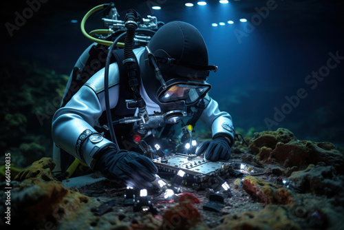 A biologist collecting samples from the ocean floor to study deep-sea life. Concept of marine biology. Generative Ai.