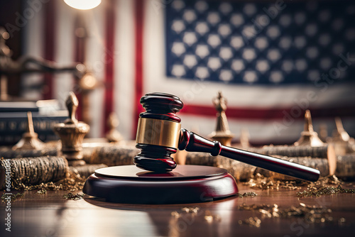 A judge's gavel on a table in front of an American flag