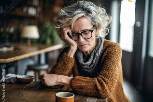 A melancholic older woman sitting alone at a table with a cup of coffee photo