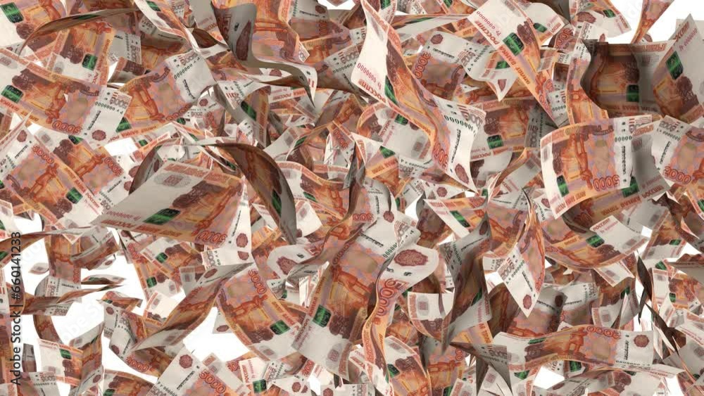 5000 Ruble money transition. Many banknotes falling isolated on white background. Cash rain. 5000 Ruble money transition. Many banknotes falling isolated on white background. Cash rain.