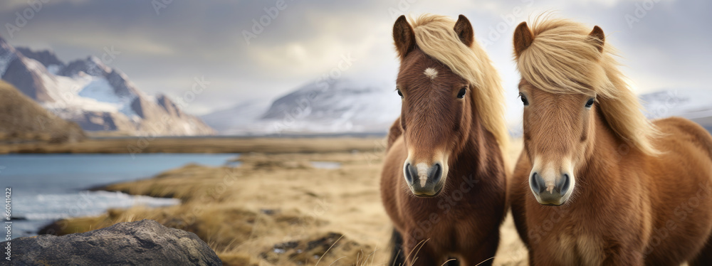 Φωτογραφία shaggy stocky Icelandic horses stand against a background of grassy hills and pl
