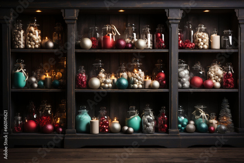Classic style store shelves with colorful Christmas tree decorations Copy space.