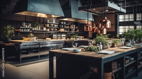 Professional kitchen in a loft-style restaurant. © visoot
