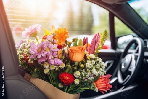 Beautiful flower bouquet inside car