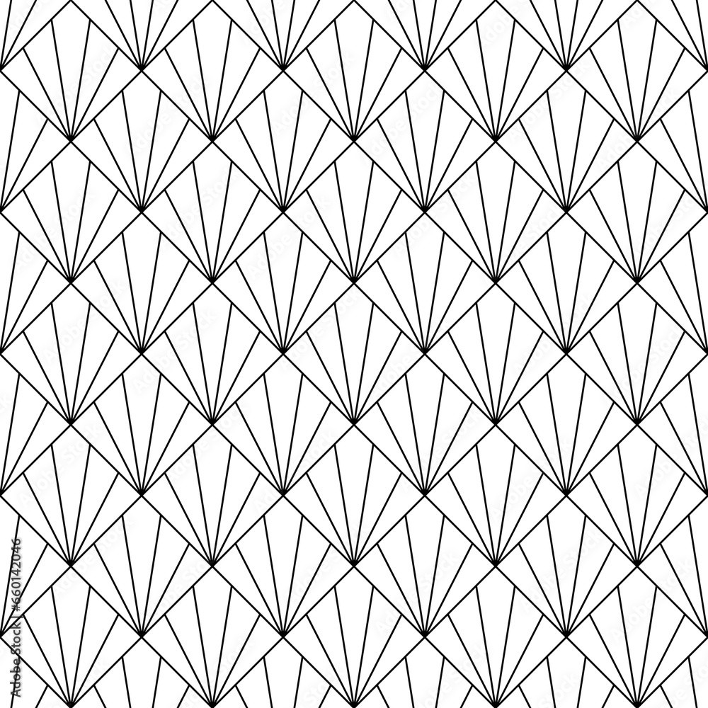 Art deco seamless pattern. Repeated black diamond patern isolated on white background for prints design. Repeating geometric background. Rhombus repeat. Artdeco abstract lattice. Vector illustration