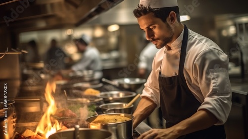 A masterful chef in the bustling environment of a high-end restaurant.