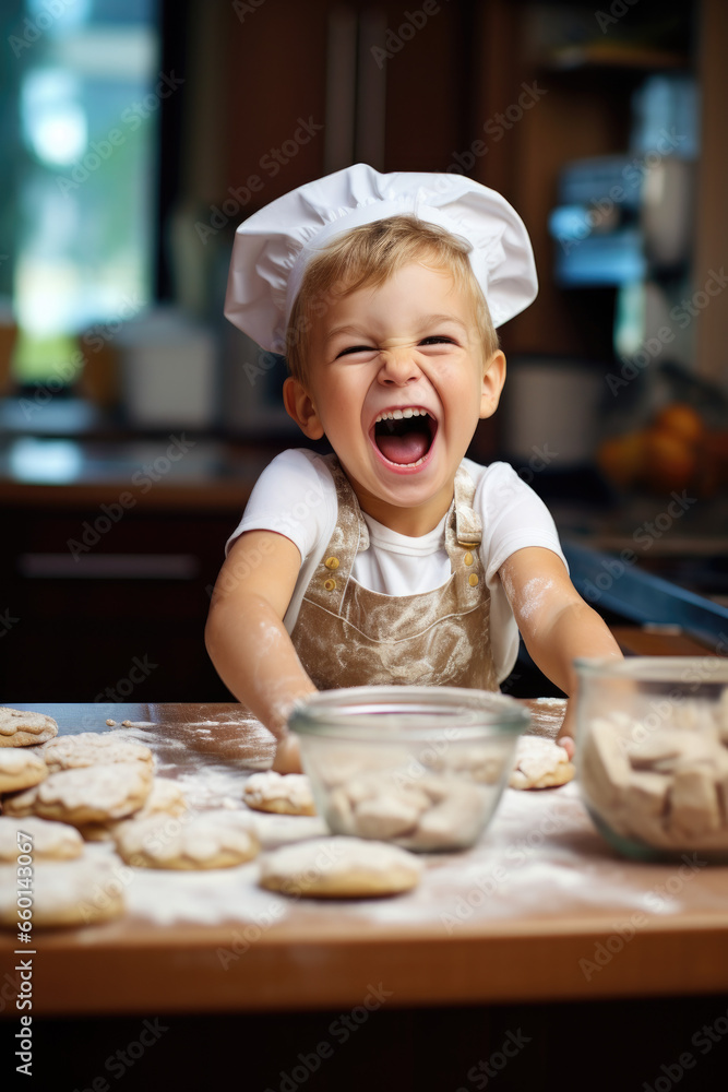 Happy and funny kid bakes cookies in kitchen Happy and funny kid bakes cookies in kitchen