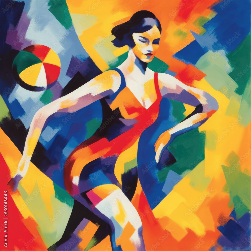 Girl playing sports - Fauvism style painting in oil paint with natural textures, bright patterned colours, symbolic and beautifully painted — Wall print or poster for interior design Girl playing sports - Fauvism style painting in oil paint with natural textures, bright patterned colours, symbolic and beautifully painted — Wall print or poster for interior design