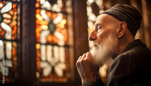 Elderly jewish man, bearded and wearing a hat, praying in a synagogue