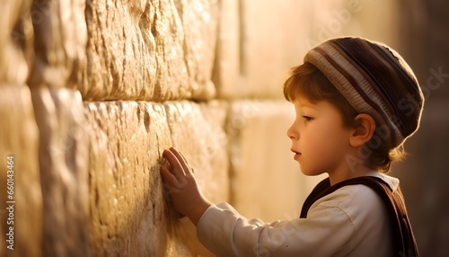 3-year-old jewish child praying at the western wall in the holy city of Jerusalem photo