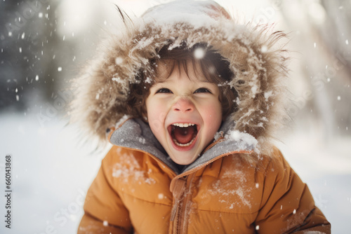 Happy child playing outdoors in winter
