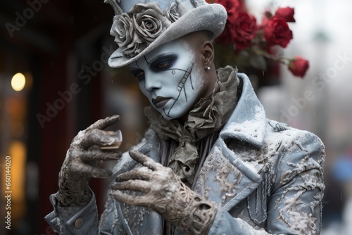 A captivating street performer dressed as a living statue, enchanting passersby with their frozen pose and theatrical presence