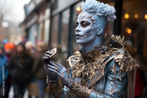 A captivating street performer dressed as a living statue, enchanting passersby with their frozen pose and theatrical presence