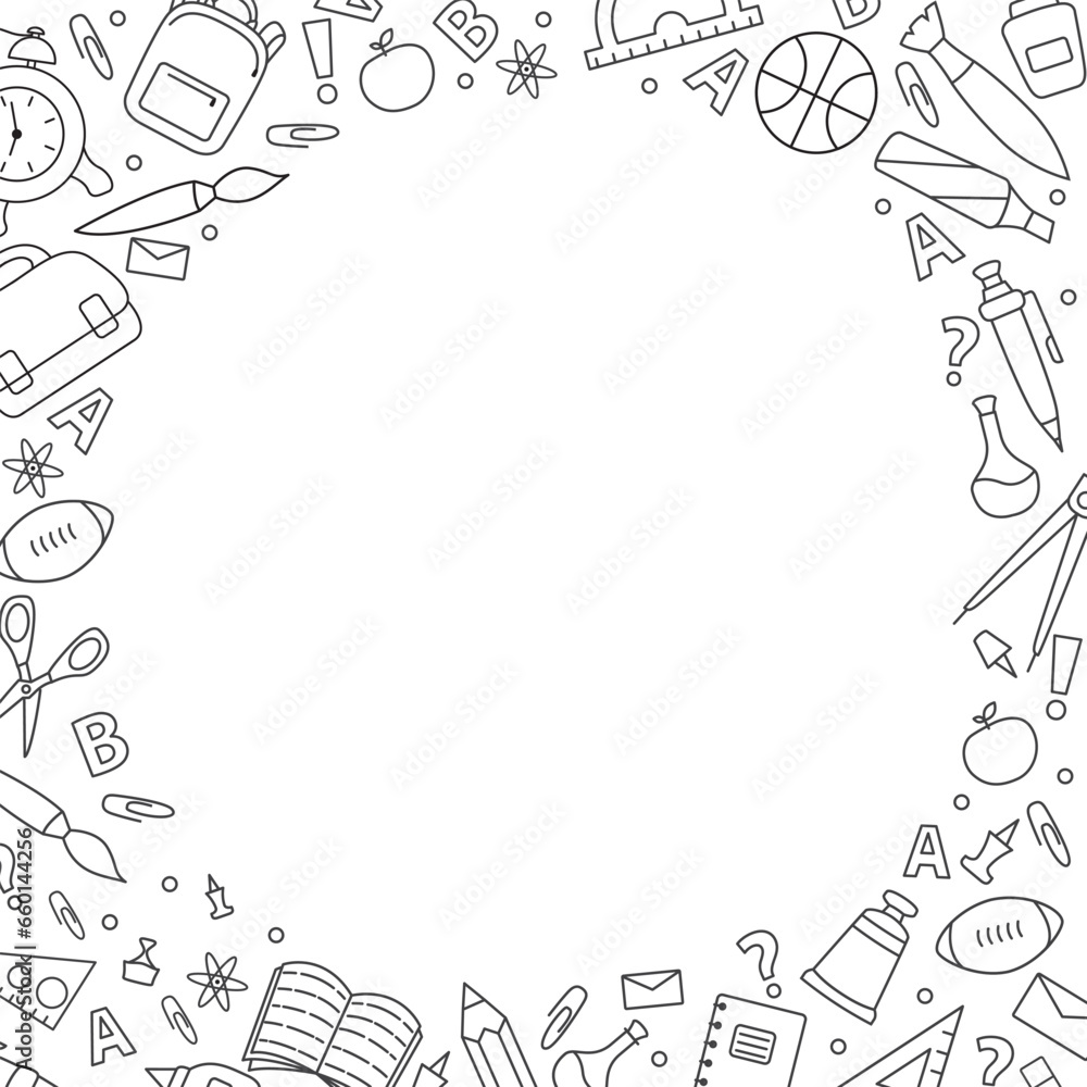 Obraz premium Doodle school icon.Hand drawn stadying education.School supplies and creative elements.Freehand drawing school items.Concept of education. Online education.Doodle sketch style vector.Graduate diploma 