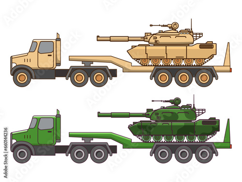 Army tank transporter truck.Military vehicle with gun. Armored vehicle.Weapons for modern warfare.Military truck.Line art vector illustration.Isolated on white background.