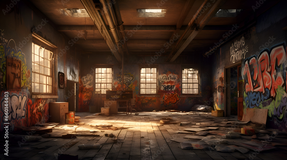 abandoned factory interior - obrazy, fototapety, plakaty 