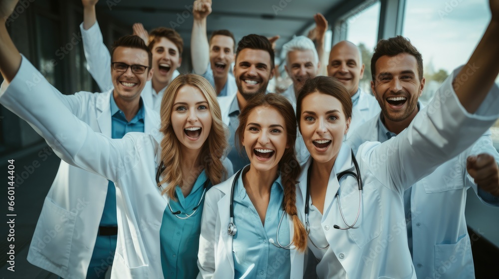 Team of cheerful doctors celebrating their success in modern hospital. - obrazy, fototapety, plakaty 