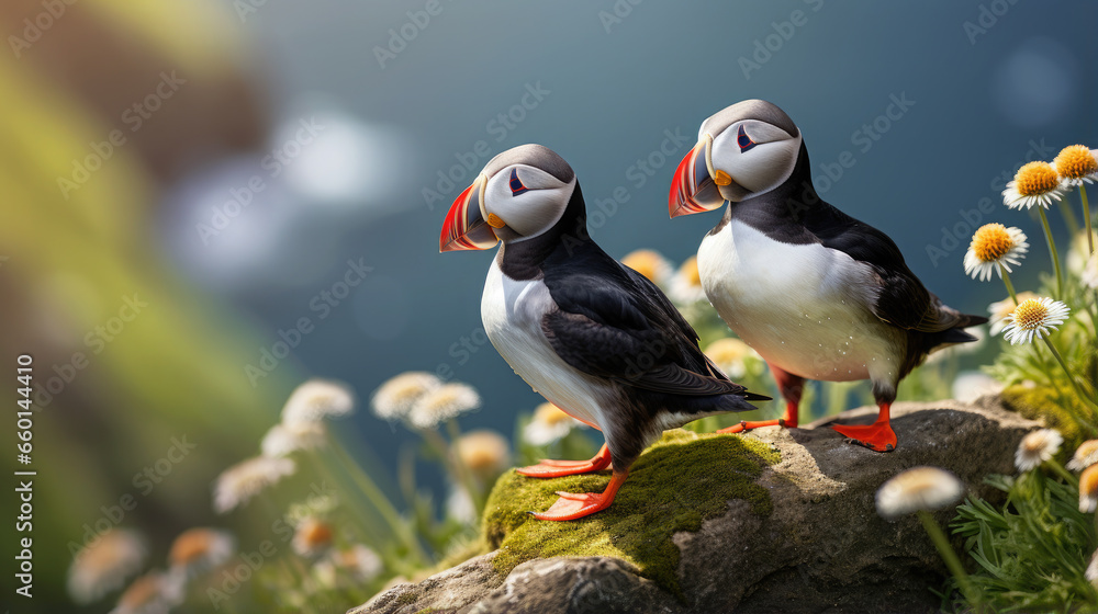 Fototapeta premium black and white puffin birds sit on green rocky shore against the backdrop of the sea in Iceland, north, ocean, island, landscape, fauna, flowers, red beaks and paws, grass, sky, mountains, coastline
