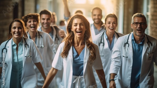 Team of cheerful doctors celebrating their success in modern hospital. photo