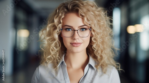 Young adult confident attractive blonde European business woman with curly hair wearing glasses looking at the camera