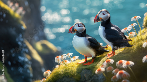 black and white puffin birds sit on green rocky shore against the backdrop of the sea in Iceland, north, ocean, island, landscape, fauna, flowers, red beaks and paws, grass, sky, mountains, coastline