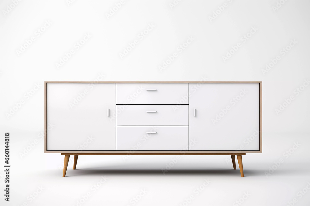 Wooden sideboard. Front view of minimalist sideboard on white background. Created with generative AI. Wooden sideboard. Front view of minimalist sideboard on white background. Created with generative AI.