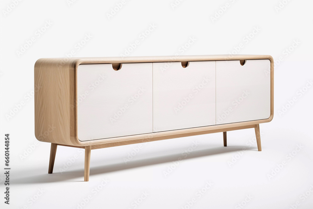 Wooden sideboard. Angle view of minimalist sideboard on white background. Created with generative AI. Wooden sideboard. Angle view of minimalist sideboard on white background. Created with generative AI.