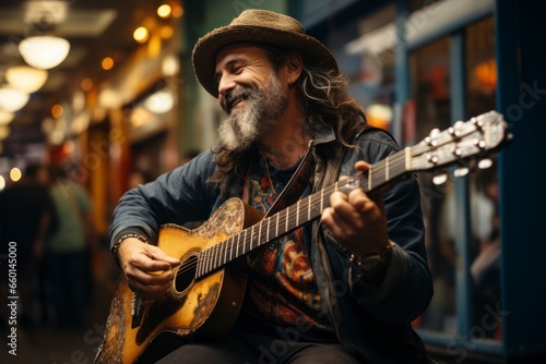 A street musician passionately playing a guitar on a bustling city corner, drawing a crowd of listeners and adding a touch of melody to the urban atmosphere photo