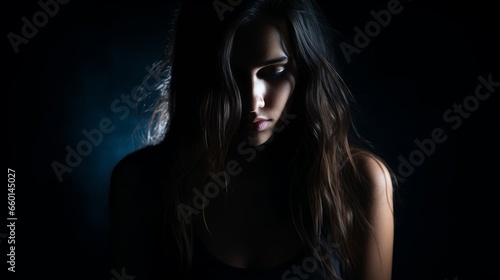Sadness concept, silhouette of unrecognizable young gorgeous female with a dark background