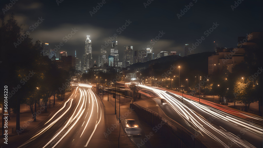 Night traffic in downtown Los Angeles. California. Long exposure shot.