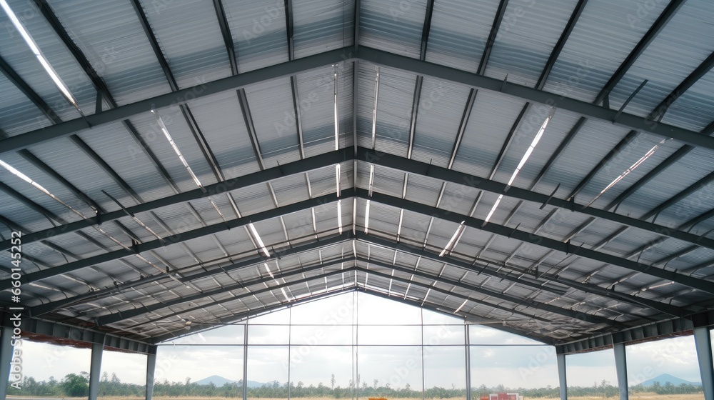 Warehouse metal roofing, Large steel roof structure at industrial building or factory.