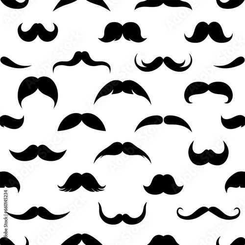 Mustache seamless pattern. Different black silhouettes of male moustaches on white background. Retro style. Vector flat illustration