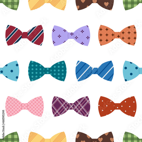 Seamless pattern with bow ties. Colored butterfly ties with different ornaments on white background. Stylish accessory. Vector flat illustration