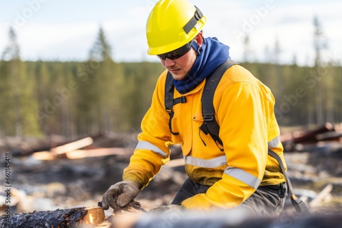 Focused wood man male guy logger worker protective uniform helmet professional logging lumberjack woodcutter chainsaw sawmill tree trunk forest industry timber hard working firewood processing outside