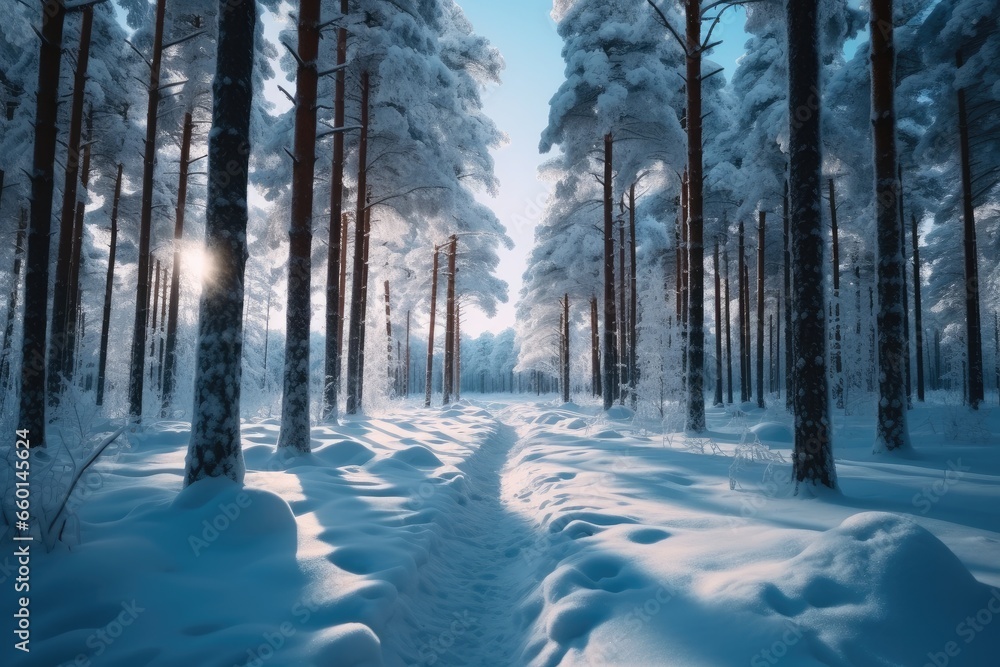 Winter pine forest with blue daylight. Winter pine forest with blue daylight.