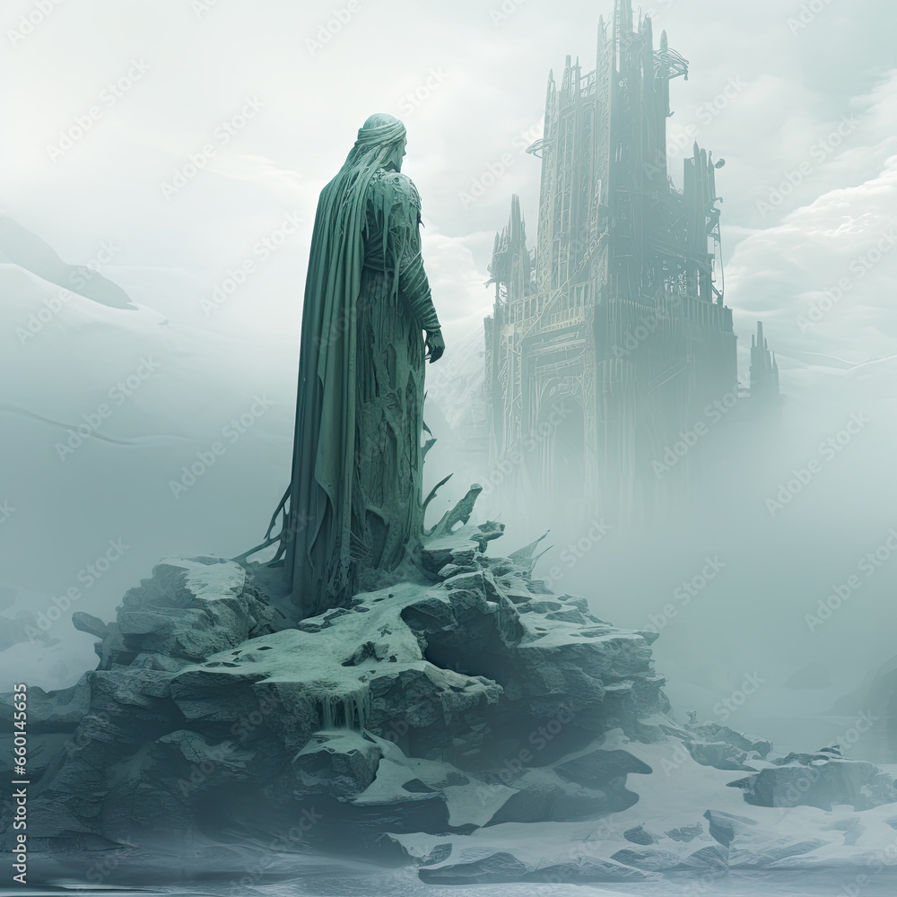 illustration painting of Fantasy art landscape with giant statue - digital illustration. Mythology illustration painting of Fantasy art landscape with giant statue - digital illustration. Mythology