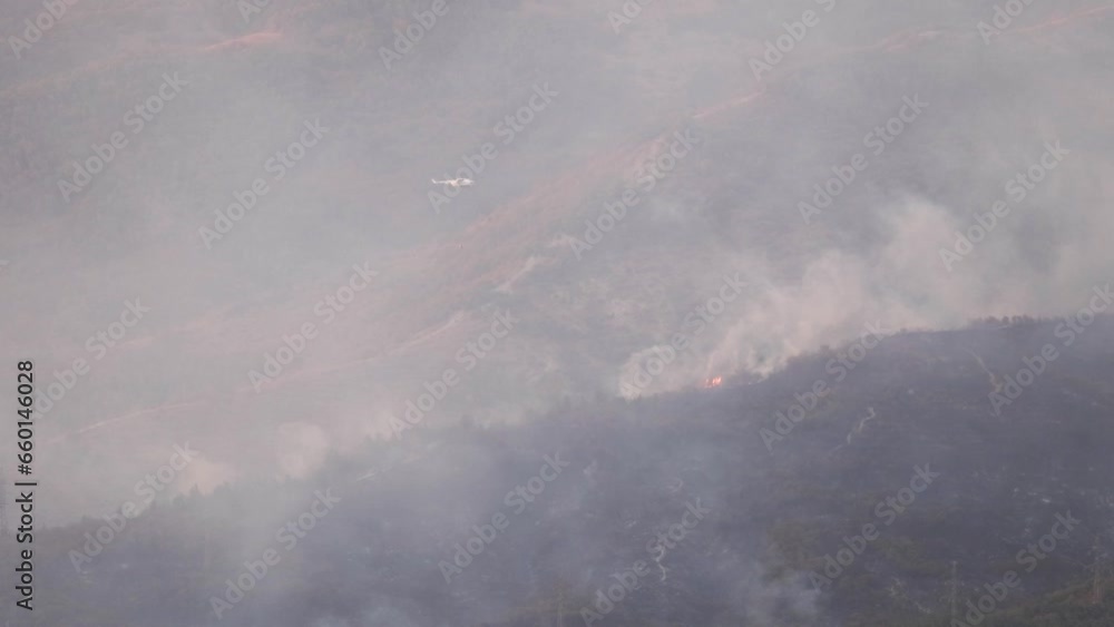 Forest fire in the mountains. Wild fire and smoke. Helicopters drop water on the fire and extinguish the fire. A natural disaster in the Caucasus Mountains on the Black Sea coast. Gelendzhik Resort Forest fire in the mountains. Wild fire and smoke. Helicopters drop water on the fire and extinguish the fire. A natural disaster in the Caucasus Mountains on the Black Sea coast. Gelendzhik Resort