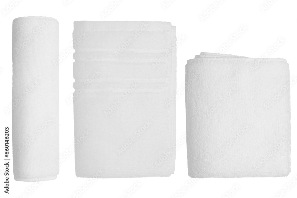 Set/set. different shapes. Folded white towel. On an empty background. PNG Set/set. different shapes. Folded white towel. On an empty background. PNG